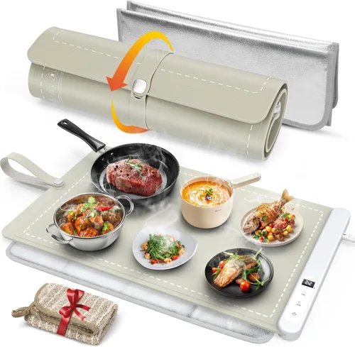 Miniatura 12 de FYY Tapete de calentamiento para alimentos con almohadilla resistente al calor, evita grietas en la encimera, mantiene la comida caliente, Gris