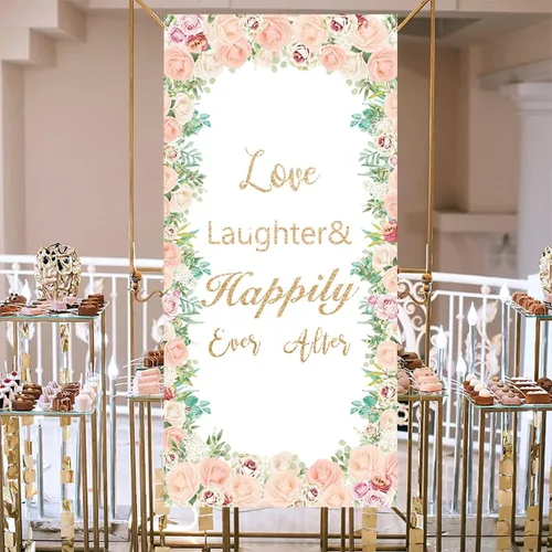 Miniatura 7 de Love Laughter - Cubierta para puerta de boda con 70.8 x 35.4 pulgadas, cartel colgante de despedida de soltera con diseño floral para parejas, Beige