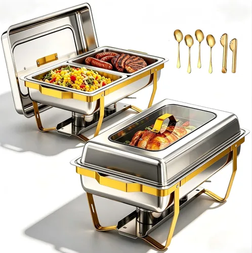 Miniatura 11 de Juego de 2 platos de 9 cuartos de galón para bufé, calentadores de alimentos de acero inoxidable dorado con utensilios de servir, soporte plegable