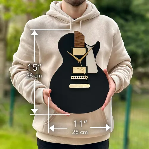 Miniatura 4 de goodtime Reloj de guitarra, negro y dorado, moderno, reloj silencioso, 11 x 15 pulgadas, acrílico, roble, tema musical, mecanismo de cuarzo, regalo