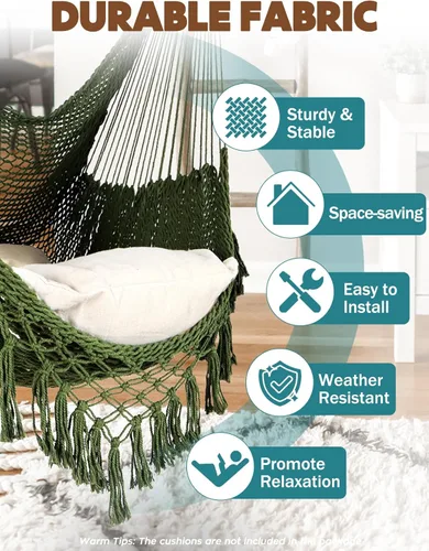 Miniatura 2 de Chihee - Silla de Hamaca Extra Grande, Sillas Colgantes Suavemente Tejidas con Cuerda de Algodón, Barra de Metal Plegable y Resistente, Asiento