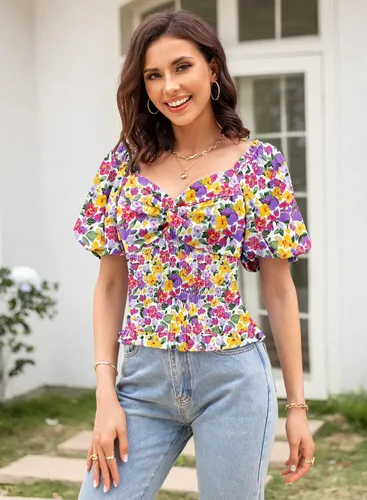 Miniatura 7 de DOROSE Blusa de manga abombada para mujer, con cuello de corazón, parte delantera fruncida