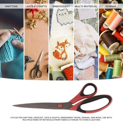 Miniatura 6 de BambooMN Juego de tijeras de titanio Softgrip para costura, arte, manualidades, oficina, 1 juego de 3 unidades, rojo con incrustaciones negras 3