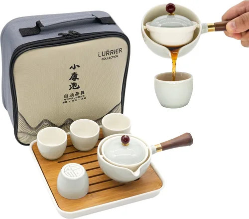 LURRIER Juego de té chino de porcelana Gongfu, juego de tetera portátil con rotación de 360 grados, tetera y infusor, juego todo en uno portátil en
