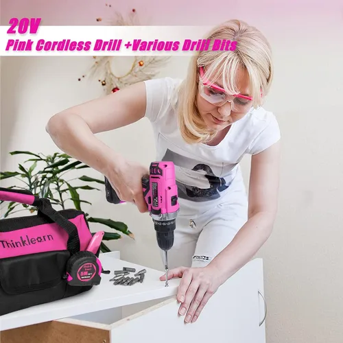 Miniatura 5 de ThinkLearn - Kit de herramientas con taladro inalámbrico de 20 V (265 lb-in), juego de taladro rosa para mujeres, kit de herramientas para el hogar
