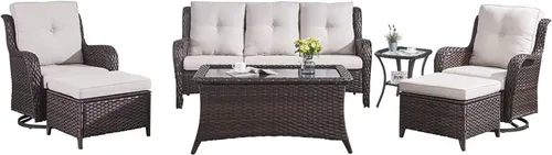 Miniatura 94 de HUMMUH Sillas Mecedoras Giratorias de Mimbre para Patio Exterior con Respaldo Alto, Sillas Deslizantes de Ratán PE, Juego de Muebles de Patio de 4