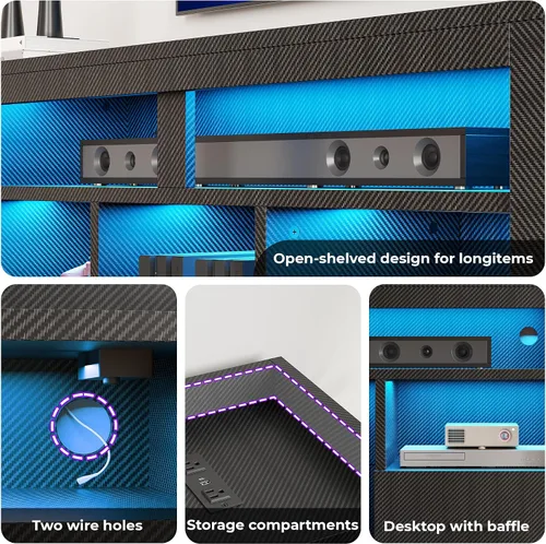 Miniatura 9 de IRONCK Soporte de TV para TV de 65 pulgadas, centro de entretenimiento de fibra de carbono con 2 cajones, estación de carga y luz LED RGB, consola