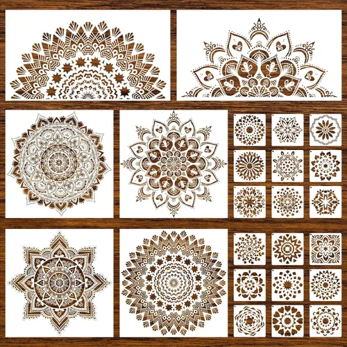 Miniatura 9 de 8 Piezas Plantillas de Pintura de Mandala - Plantillas Reutilizables de Diseño Floral para Pared DIY, Azulejos, Muebles, Lienzo, Decoración