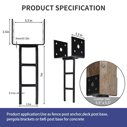 Miniatura 2 de Paquete de 4 anclajes de poste en forma de U, base de poste de 6 x 6 pulgadas para concreto, producto patentado de diseño, calibre 11, 3 mm