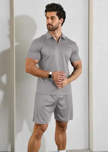 Miniatura 4 de YTD Conjunto de camisa polo y pantalones cortos casuales de manga corta para hombre, conjunto de dos piezas de verano con cremallera para hombre