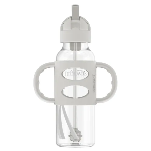 Dr. Brown's Milestones - Vaso entrenador con popote estrecho y asas de silicona 100%, a prueba de derrames, con popote ponderado, 8 onzas/250 mL,