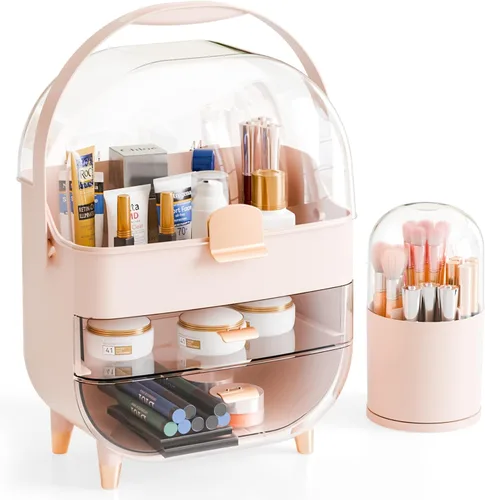 Yieach Organizador de maquillaje de encimera para tocador, organizador de cuidado de la piel de gran capacidad con cajones y soporte para brochas de