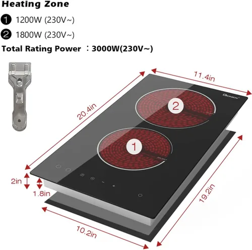 Miniatura 2 de Placa de cocción eléctrica, 2 quemadores de 220 V ~ 240 V, estufa de cerámica integrada de 12 pulgadas, placa de cocina de vidrio doble, encimera
