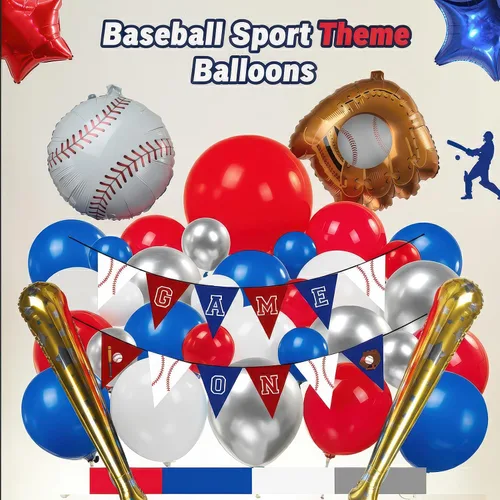 Miniatura 5 de Decoraciones de fiesta de cumpleaños de béisbol: con arco de globos rojo, blanco y azul y guantes de bate de béisbol, globos de papel de aluminio