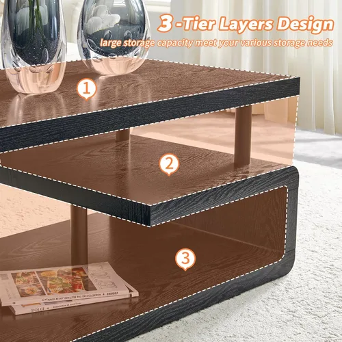 Miniatura 6 de Mesa auxiliar de 43.3 pulgadas, mesa central moderna de 3 niveles con almacenamiento, mesa de centro grande de madera para sala de estar, oficina