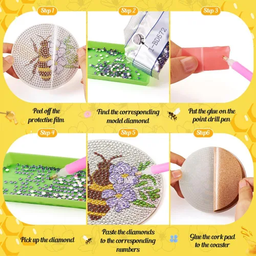 Miniatura 4 de FASHEWELRY 8 posavasos de arte de diamante con soporte para abejas, kit de posavasos de pintura de diamantes para bebidas, kits de arte de diamantes