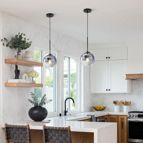 Miniatura 6 de KCO Lighting Globo Colgante Moderno Negro Luz Colgante de Techo de Vidrio Mercurio Luz Colgante de Cocina Plateada de Mediados de Siglo Iluminación
