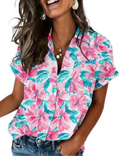 Miniatura 7 de Zeagoo Camisa de manga corta con botones para mujer, cuello en V, elegante, casual, para negocios, trabajo, con bolsillo, S-XXL