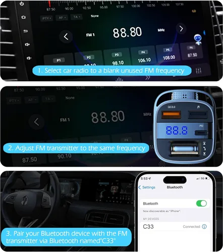 Miniatura 7 de LIHAN Adaptador de coche Bluetooth 5.4 para automóviles antiguos, transmisor FM de carga rápida PD de 54 W, llamadas manos libres, GPS transparente