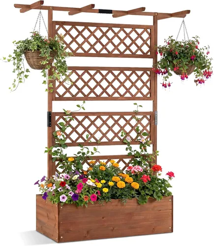 Miniatura 26 de Giantex Cama de jardín elevada con enrejado, contenedor de madera de 60 pulgadas con agujeros de drenaje, enrejado alto para colgar macetas