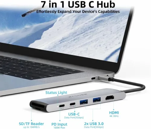 Miniatura 2 de Hub USB C, WALNEW 7 en 1, estación de acoplamiento USB-C con HDMI 4K, 100 W PD, 3 puertos de datos de 5 Gbps (1 USBC y 2 USB 3.0), lector de Plateado