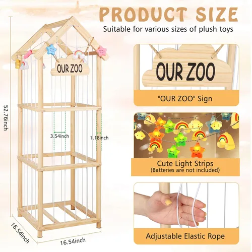 Miniatura 2 de Organizador de juguetes de peluche de madera de zoológico de 53 pulgadas, organizador de juguetes de peluche con anclajes antipunta, organizador