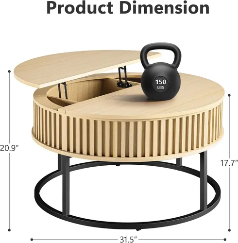 Miniatura 2 de Mesa de centro redonda con parte superior elevadora, mesas de centro de madera estriada para sala de estar, elevación para comedor, gran
