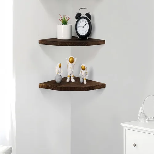 Miniatura 4 de Joiishom Juego de 2 estantes de esquina de madera maciza para pared, estantes flotantes de esquina de madera maciza para pared, estante esquinero