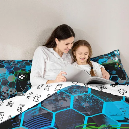 Miniatura 2 de Manfei Juego de edredón moderno de 2 piezas con estampado de consola de videojuegos de panal azul con 1 funda de almohada, juego de ropa de cama