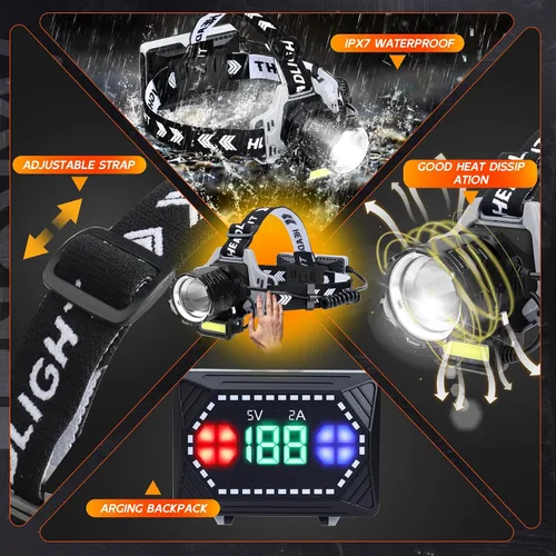 Miniatura 6 de Linterna frontal LED recargable de 1000 lúmenes, superbrillante, con 10 modos y sensor de movimiento, juego de 2 lámparas frontales con zoom