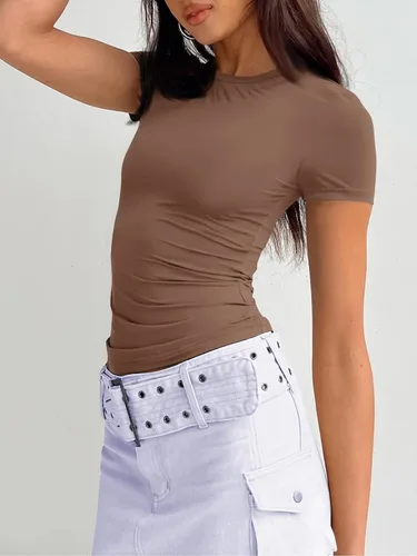 Miniatura 4 de Trendy Queen Camisetas básicas para mujer, cuello redondo, manga corta, lindas camisetas de verano, ajustadas, ropa Y2K