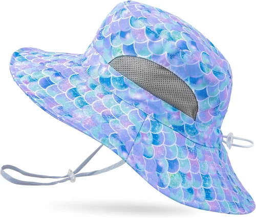 Sombrero de sol para niñas de 2 a 8 años de malla con protección UV, sombrero de playa plegable para niñas de 2 a 8 años Azul