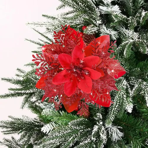 Miniatura 7 de 18 flores de Pascua de Navidad con purpurina, decoraciones de nochebuena roja para adornos de árbol de Navidad