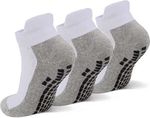 JHM Calcetines deportivos antideslizantes antideslizantes de corte corto para hospital, deportes, atléticos con empuñaduras 3 pares blanco