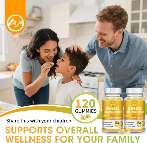 Miniatura 9 de Gomitas de vitamina D3 K2, vitamina D3 10000IU, K2 (MK-7) 200mcg, suplemento de vitamina D3 con K2 6 en 1 con omega-3, magnesio, calcio y zinc