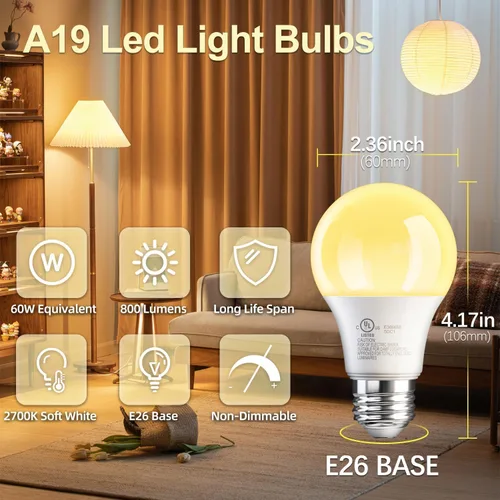 Miniatura 2 de TJOY Bombillas LED A19, foco LED equivalente a 60 vatios, luz blanca cálida suave 2700K, eficiente 9W, casquillo E26 estándar, foco de ahorro