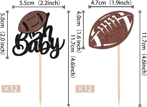 Miniatura 2 de Oh Baby - Juego de 24 adornos para cupcakes de fútbol americano con purpurina para decoración de cupcakes de fútbol americano para superrugby