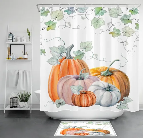 Miniatura 32 de LB Cortina de ducha de flores blancas y moradas para baño, lindo pájaro y hojas de otoño sobre tela beige con ganchos, juego botánico floral