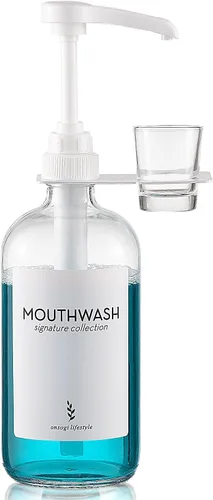 Dispensador de enjuague bucal de vidrio con portavasos y bomba, dispensador de enjuague bucal rústico bohemio de 16 oz para decoración de baño