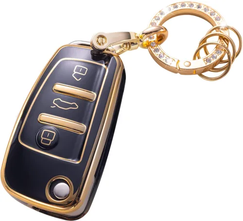 Gematay Funda para llavero Audi con llavero, compatible con Audi A1 A3 Q3 Q7 R8 A6L TT Smart Key Fob, color negro