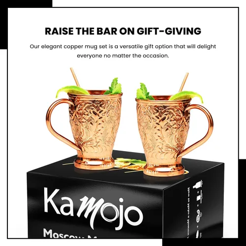 Miniatura 8 de Kamojo Juego de 2 tazas de cobre con diseño único hecho a mano en relieve con revestimiento antideslustre de grado alimenticio, juego de regalo