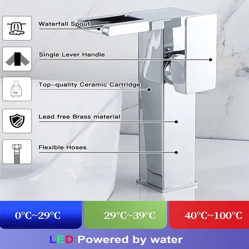 Miniatura 3 de Grifo de baño cromado con luz LED, 3 cambiantes de color, cascada de una sola manija, un agujero, grifo de fregadero a juego, desagüe desplegable
