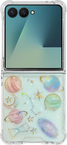 Miniatura 8 de Abbery Funda transparente para Samsung Galaxy Z Flip 3 5G, transparente y con diseño de purpurina bonita con purpurina floral prensada de Rosa