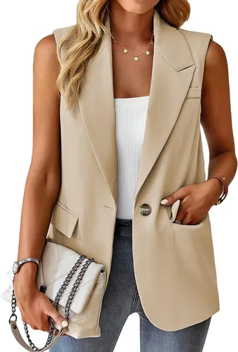 Miniatura 2 de Mina self Chaqueta sin mangas para mujer, casual, ligera, color sólido, chaleco abierto al frente, cárdigan con solapa y bolsillos
