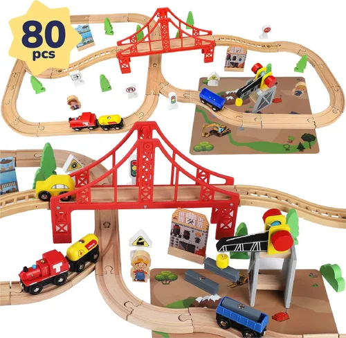 TOY Life Juego de tren de madera, 80 piezas con grúa magnética, juguetes de madera para niños y niñas de 3, 4, 5, 3 años, juguetes de madera para