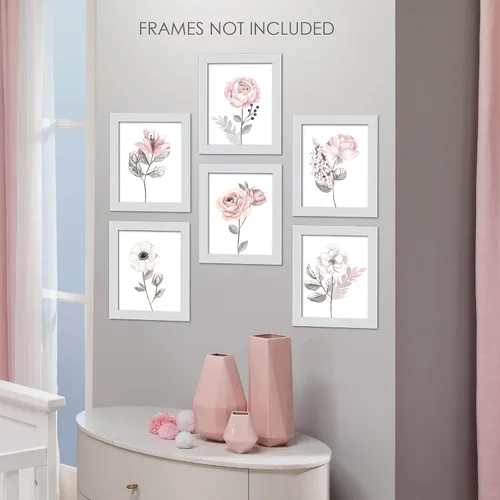 Miniatura 4 de Lambs & Ivy Acuarela Floral Sin Marco Vivero Niño Arte De Pared 6pc - Rosa/Gris