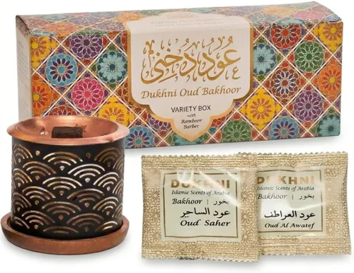 Caja de variedad de Oud Bakhoor y quemador de Dukhni | Set de Oudh árabe con quemador de incienso de vela | 20 piezas de bloques de incienso bukhoor