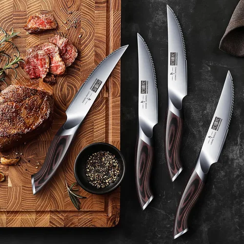 Miniatura 8 de HOSHANHO Juego de 7 cuchillos para carne, juego de cuchillos para carne de 4.5 pulgadas con bloque, cuchillos de cocina de acero al carbono japonés