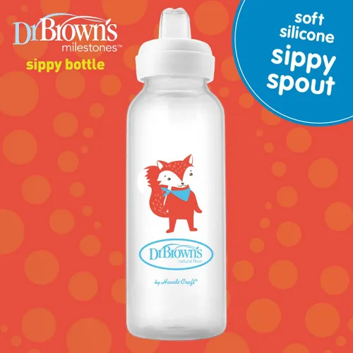 Miniatura 2 de Dr. Brown's Milestones - Botella estrecha para sorber con pico blando 100% de silicona, 8 onzas/250mL, a partir de 6 meses, Fox & Lion, paquete de 2