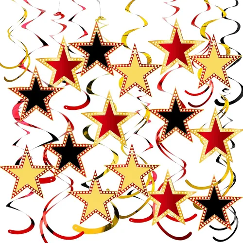 Lenwen 39 espirales colgantes estilo estrella rojo dorado y negro para decoración nocturna de películas, alfombra roja, decoración de fiesta,
